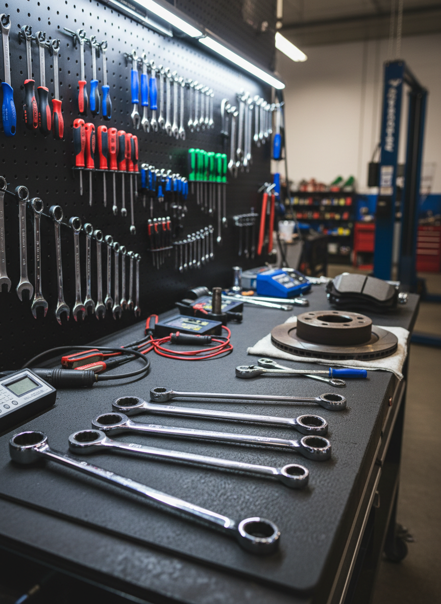 A detailed, photographic close-up of a mechanic’s workbench in a Scarborough-area garage, carefully staged without any people. The main focus is on an array of neatly arranged tools—torque wrenches, spanners, ratchets and diagnostic probes—laid out on a dark rubber mat beside a small, partially disassembled brake disc and pads. Behind, a pegboard wall holds more tools in perfect order, with color-coded handles creating visual rhythm. Cool white workshop lighting from above casts crisp, defined shadows and subtle highlights on chrome surfaces. The composition is shot from a slightly elevated angle with shallow depth of field, keeping the foreground components razor sharp while the background workshop environment softly blurs, conveying a meticulous, professional approach to vehicle servicing and repairs.
