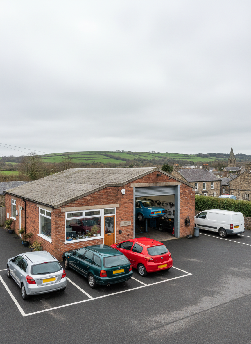 A photographic, wide-angle exterior shot of a tidy, independent auto repair garage in East and West Ayton near Scarborough, designed without real branding or text. The building is a low, brick structure with a large roller shutter door partially open, revealing a car inside on a lift. A small attached office with large windows and a simple entrance door sits to one side, and several well-kept cars are parked in clearly marked spaces outside. Overcast daylight creates soft, even lighting with gentle, realistic shadows. In the background, hints of rolling North Yorkshire countryside and stone houses suggest the local village environment. The mood is calm, trustworthy and local, with photographic realism and sharp focus throughout the scene.
