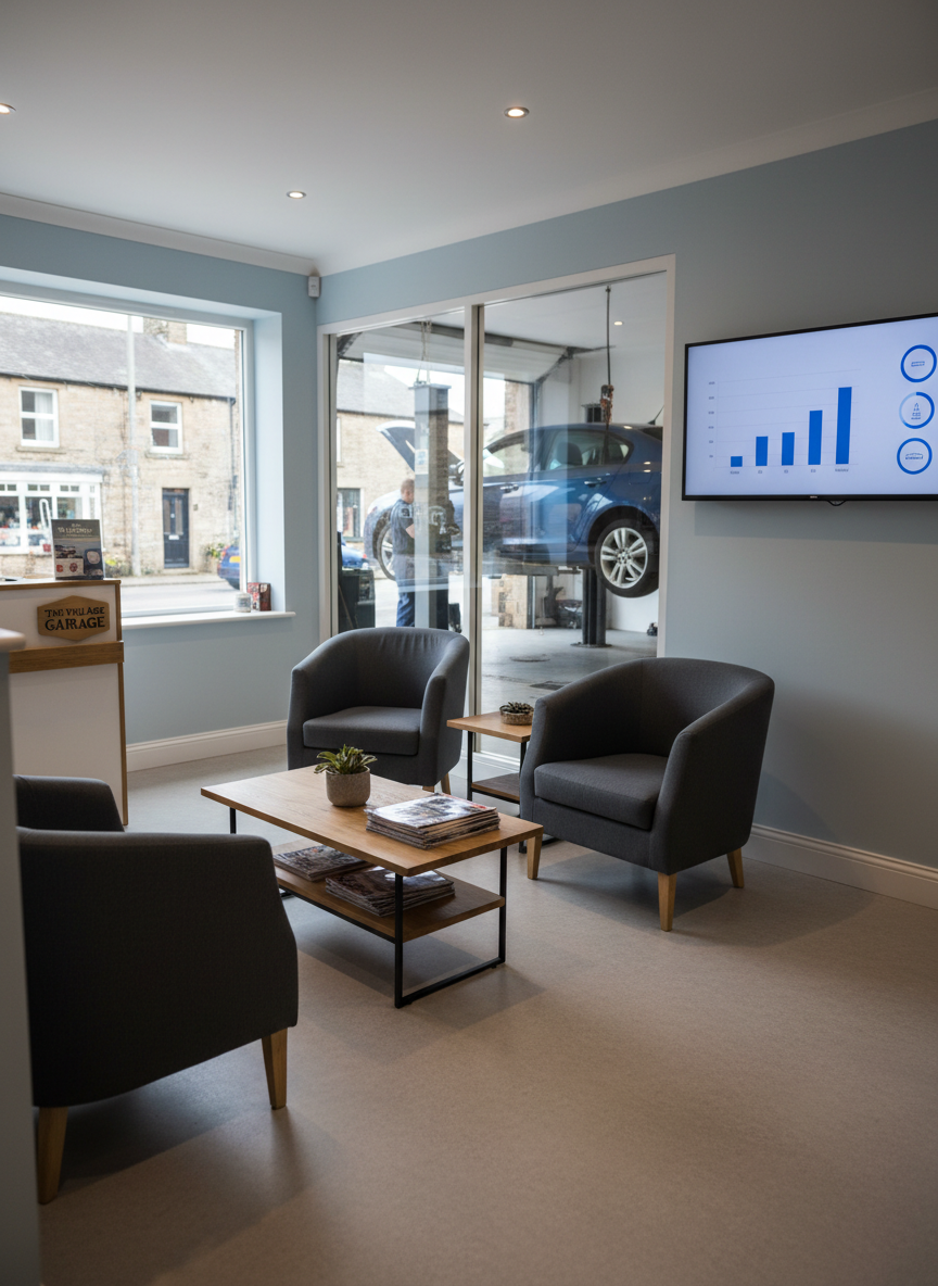 An immaculately clean reception and waiting area of a small auto repair garage, photographed in realistic detail. A large interior window looks through to the workshop where a car is being serviced on a lift, slightly blurred to keep focus on the comfortable seating area. Smart dark-grey chairs, a simple wooden coffee table with neatly arranged magazines, and a potted plant create a welcoming feel. A wall-mounted digital display shows a generic service progress graphic without readable text. Soft, natural light from a front window combines with warm ceiling spotlights, casting gentle, inviting shadows. Shot from a slightly elevated angle using the rule of thirds, the composition feels balanced and professional, suggesting friendly, reliable service in a village setting near Scarborough.