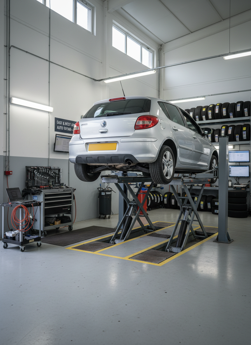 A meticulously maintained silver hatchback car raised on a modern hydraulic lift inside a clean local garage, the focus on its exposed undercarriage and neatly organized tools nearby. The concrete floor is spotless with clearly marked service bays, and the walls feature orderly racks of diagnostic equipment and tyres. Soft, diffused daylight filters through high side windows, complemented by cool white LED strip lighting, creating even illumination and crisp reflections on the car’s bodywork. Photographic realism, shot at eye level with a slightly wide angle, capturing the full bay in sharp focus. The mood is professional, reassuring and trustworthy, conveying a reliable auto repair workshop in East and West Ayton near Scarborough without showing any people.
