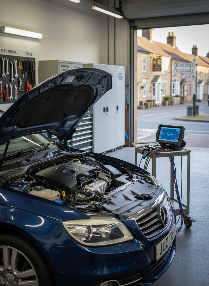 A close-up, photographic view of a dark blue family car in a local garage, its bonnet open to reveal a clean, detailed engine bay connected to a modern diagnostic scanner placed on a wheeled cart. Colorful cables lead to the engine, and the scanner’s screen glows softly without readable text. The surrounding workshop includes neatly labeled storage cabinets, wall-mounted tools, and a glimpse of the open roller door showing a quiet village street outside, hinting at East and West Ayton, Scarborough. Cool overhead LED lighting mixes with gentle natural light from the doorway, producing subtle highlights on polished metal parts. Captured from a three-quarter front angle with shallow depth of field, the engine and diagnostic equipment are in sharp focus, creating a precise, technical yet approachable atmosphere.